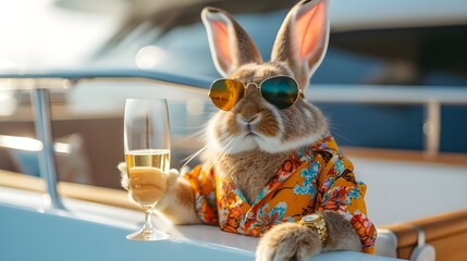 Wealthy rich bunny on expensive private yacht boat ship with champain gold watch stylish sunglasses, millionaire billionaire dream lifestyle wallpaper background - obrazy, fototapety, plakaty