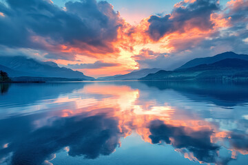 Capture the breathtaking beauty of reflections on water with a scene of majestic mountains mirrored, tranquil lake or river at sunset