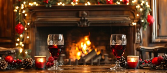 Fototapeta na wymiar Two glasses of wine sit on a hardwood flooring in front of a gas fireplace decorated for Christmas, providing heat and entertainment with its flickering flames