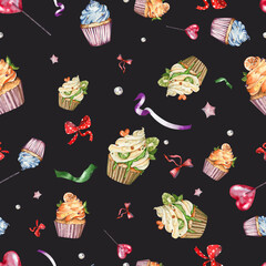 seamless watercolor pattern on a black background : various fruit and berry cupcakes, lollipops, candies, ribbons, bows. for the design and decoration of wrapping paper, kitchen textiles, bakeries.