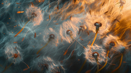 A choreographed explosion of dandelion fragments tered by the powerful gusts of wind.