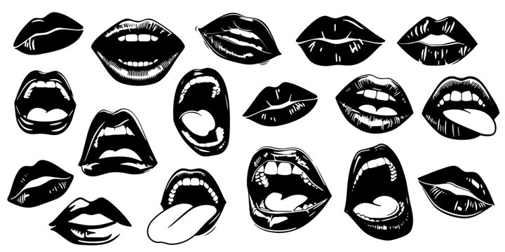 Lips kiss, girl lipstick vector illustration. Mouth expressions in style of hand drawn black doodle on white background. Smile emotions silhouette grunge sketch