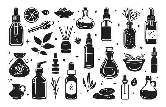 Essential oils vector illustration set. Aromatherapy, aromatic herbs in style of hand drawn black doodle on white background. Aroma diffuser, extract bottles silhouette sketch