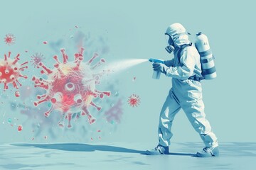 Disinfection cleaning illustration Man in sterile suit is spraying to kill virus - obrazy, fototapety, plakaty
