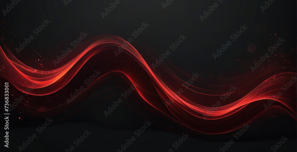 Poster red glowing abstract color gradient wave shape on black grainy background, minimal wide banner web h