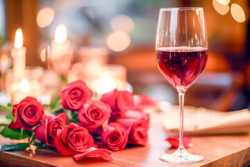 Romantic Dinner Table with Red Wine and Roses.