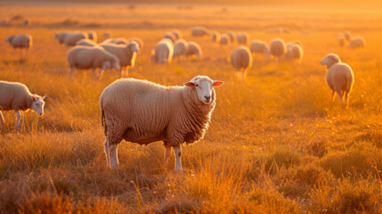 Obraz premium A flock of sheep graze in a field their fluffy coats lit up by the warm golden light of the countryside.