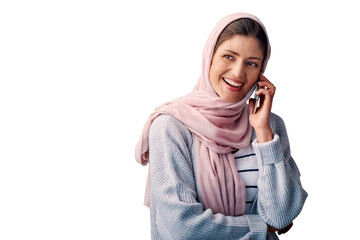 Phone call, thinking or muslim woman isolated with smile on png background for communication....