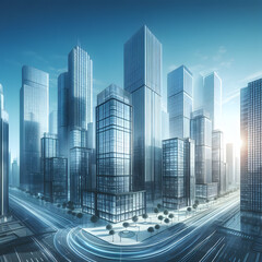 Fototapeta premium Modern skyscrapers of a smart city, futuristic financial district, Smart city and abstract polygon pattern connection with speed line light, big data connection technology concept .