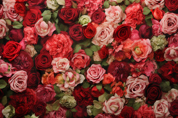 Lush Floral Backdrop of Red and Pink Roses with Mixed Blooms. Romantic Flower Wall Concept