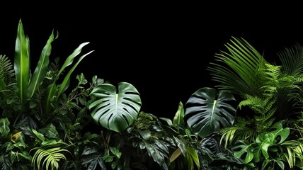 Fototapeta premium floral arrangement of tropical leaves of plants bush. nature background isolated on dark black background with copy space