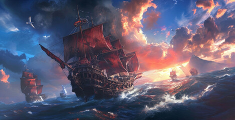 Background In a world where pirate ships are powered by steam this notorious captain and their crew seek out riches and adventure on the high seas. - obrazy, fototapety, plakaty