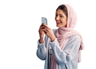 Muslim, happy woman or phone notification for communication isolated on png background. Smile, transparent or Arabic female person on mobile app to chat on social media for reading news or gossip