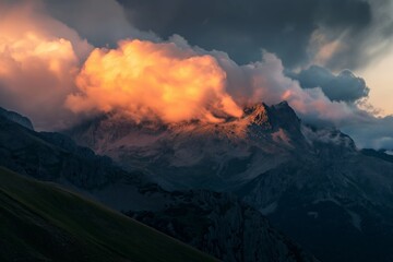 dramatic beauty of a sunset with scenes of dynamic cloud formations dramatically hovering over majestic mountain peaks, Natural