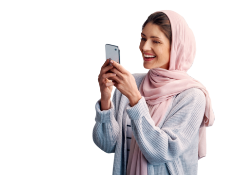 Muslim, happy woman or phone notification for communication isolated on png background. Smile, transparent or Arabic female person on mobile app to chat on social media for reading news or gossip
