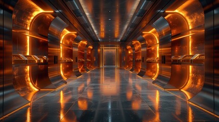 Illuminated corridor inside a futuristic spaceship with sleek metal finishes and glowing orange lights.
