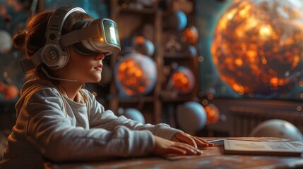 A young child is immersed in a virtual reality game, experiencing a space adventure in a futuristic setting.