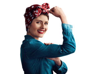 Pinup, girl and flexing or vintage as portrait or feminism champion for competition win, retro or gender equality. Female person, face and bicep on isolated transparent png background, pride or power