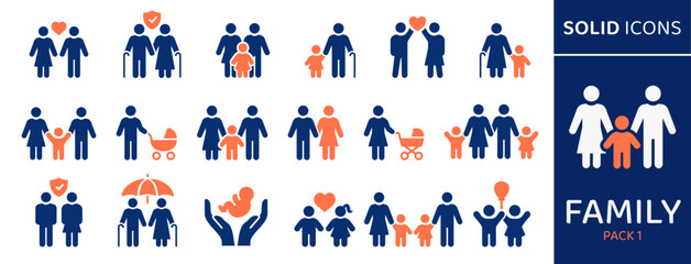 Family icon set. Collection of baby carriage, child, parent and more. Vector illustration. Easily changes to any color. - 736834842