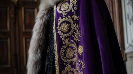 Fototapeta premium A statement cape in a majestic shade of royal purple adorned with intricate gold embroidery and softened with a faux fur trim. Pair with a simple black dress for a touch of