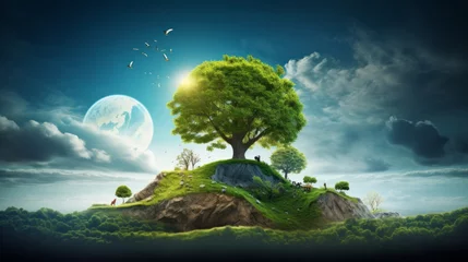 Fotobehang landscape with green grass surface and trees, mountains. Earth globe isolated with green island © Dzmitry Halavach
