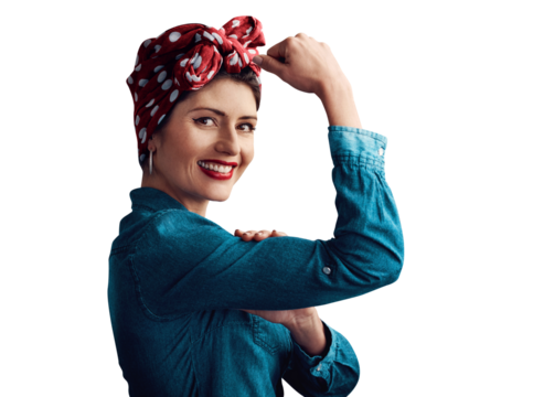 Pinup, girl and flexing or vintage as portrait or feminism champion for competition win, retro or gender equality. Female person, face and bicep on isolated transparent png background, pride or power