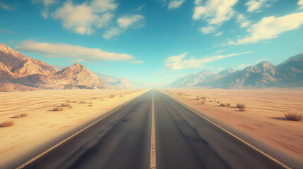 an empty highway in the desert with blue sky. empty asphalt road, adventure road in desert