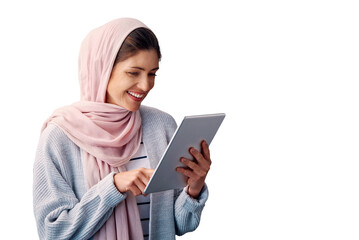 Muslim, tablet or happy woman isolated on social media, elearning app or research on internet...