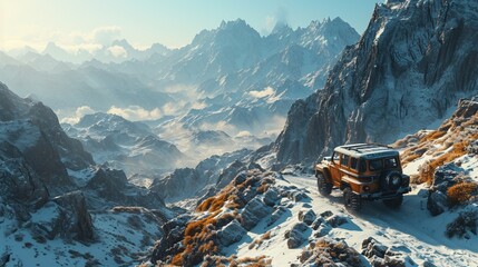 Overhead shot of a new heavy car parked on a snowy mountain peak, surrounded by a winter wonderland.
