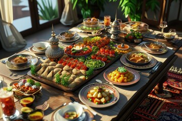 A 3D family table with various types of traditional Ramadan meals - obrazy, fototapety, plakaty