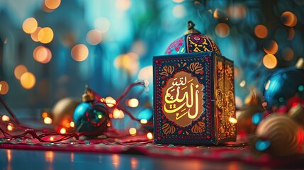 Colorful Eid Mubarak sign on a background of twinkling lights