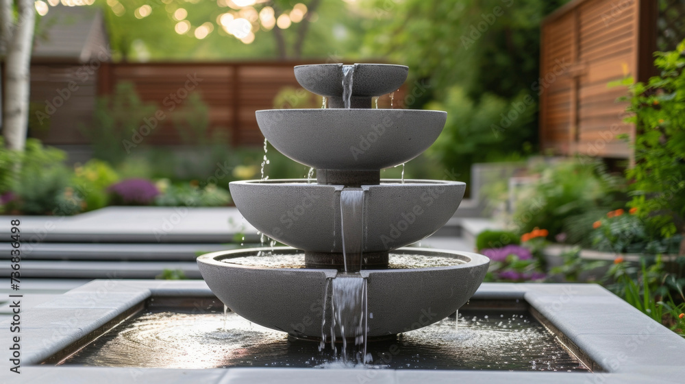 Poster a modern fountain with multiple tiers adding a touch of elegance to any outdoor space.