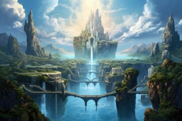 A fantasy landscape with floating islands and rainbow waterfalls