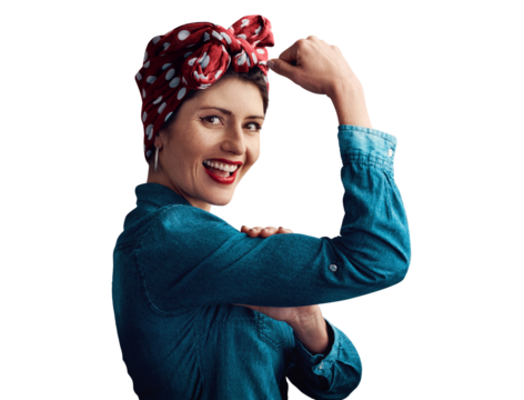 Pinup, girl and flexing muscle as portrait for strong champion for competition win, fashion or gender equality. Female person, face and bicep on isolated transparent png background, pride or power