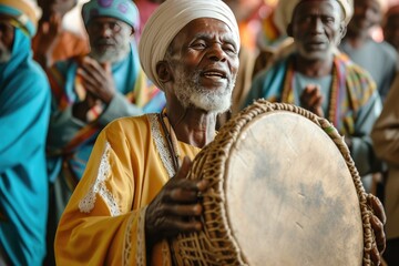 A man sounding the traditional drum to wake people for Suhoor. - obrazy, fototapety, plakaty