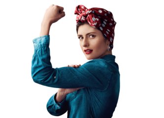 Woman, pin up and strong bicep as portrait or victory strength or vintage, retro fashion or gender equality. Female person, flex and muscle on isolated transparent png background, empowerment or win