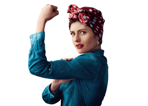Woman, pin up and strong bicep as portrait or victory strength or vintage, retro fashion or gender equality. Female person, flex and muscle on isolated transparent png background, empowerment or win