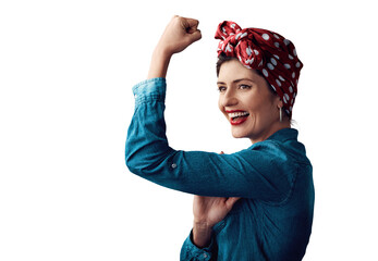 Woman, pin up and muscle bicep as portrait or victory strength or vintage as retro, fashion or...