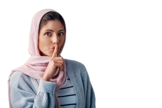Muslim, woman and finger on lips with secret or whisper in portrait on transparent, isolated or png background. Gossip, story and Islamic girl in hijab with privacy information, announcement or news