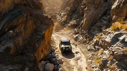 Overhead view of a new heavy car driving through a rocky canyon, navigating challenging terrains effortlessly.
