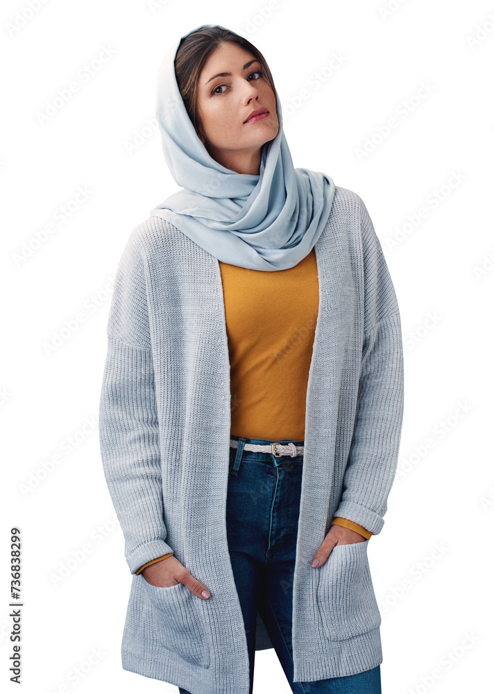 Poster Muslim, woman and portrait with hijab or confidence for eid with casual fashion, trendy outfit and calm expression. Islamic person, face and serious with relax isolated on png transparent background