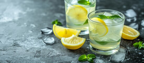 Two glasses of refreshing lemonade, served on a table with ice, lemon slices, and a hint of citrus. The perfect summer drink to cool down