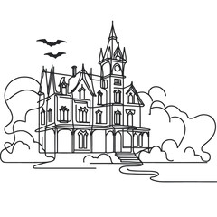 A haunted mansion shrouded in fog in a line drawing style