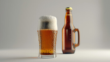 Bottle and glass of beer mockup isolated on white background, generative ai - obrazy, fototapety, plakaty
