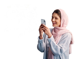 Islamic, happy woman or phone notification for communication isolated on png background. Smile,...