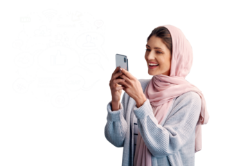 Islamic, happy woman or phone notification for communication isolated on png background. Smile, transparent or Muslim female person on mobile app to chat on social media for reading news or gossip