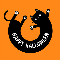 Happy Halloween. Round circle shape laying kitten. Long body cat. Cartoon baby pet character. Cute kawaii chilling black kitty head face, paw print. Flat design. Orange background.
