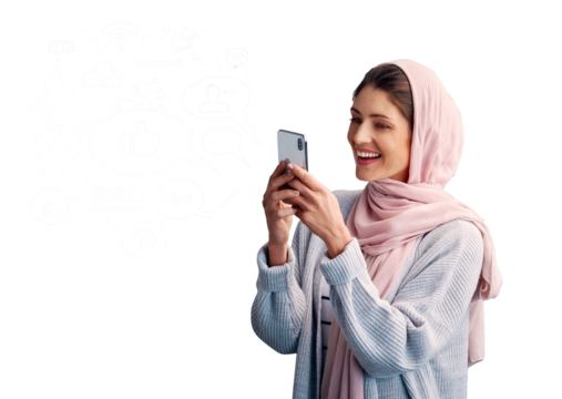 Islamic, happy woman or phone notification for communication isolated on png background. Smile, transparent or Muslim female person on mobile app to chat on social media for reading news or gossip