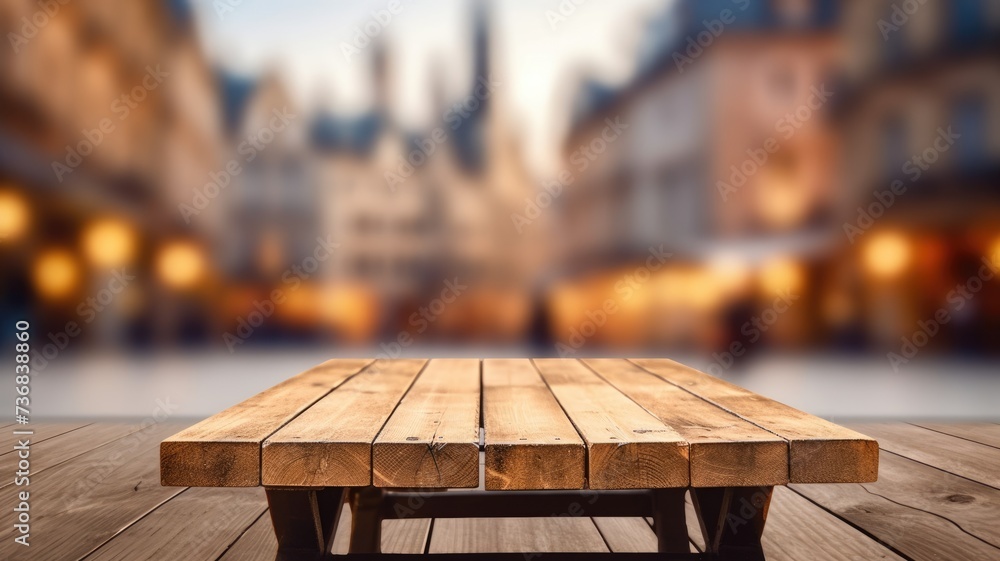 Poster the empty wooden table top with blur background of town square. exuberant image. generative ai