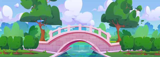 City public park with stone bridge over river or pond, green trees and grass. Cartoon vector panoramic summer time urban garden landscape with water stream or lake and woods, clouds on blue sky.